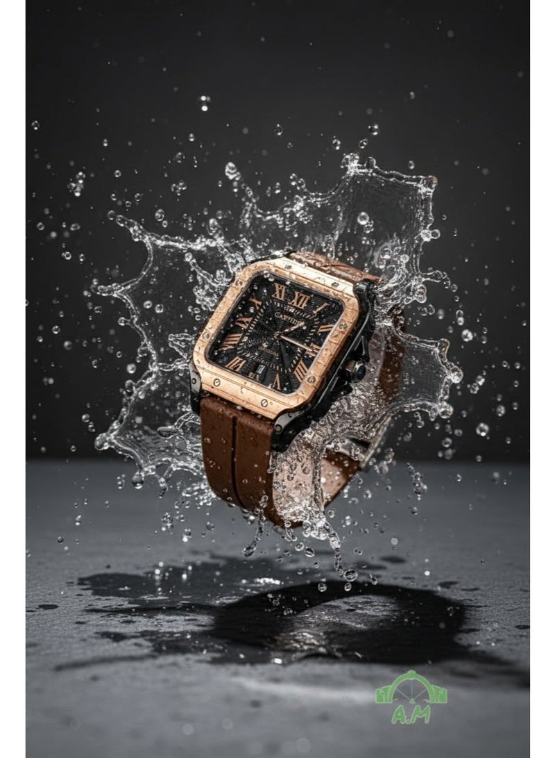 Cartier Men’s Luxury Square Wristwatch – Brown Silicone Strap with Rose Gold Frame - Image 2